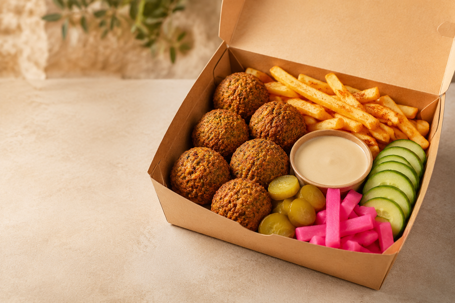 Falafel and fries box with tahini, cucumber and pickles